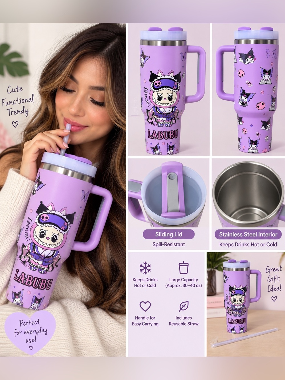 Purple Labubu Kuromi Inspired Insulated Tumbler Handle Straw New